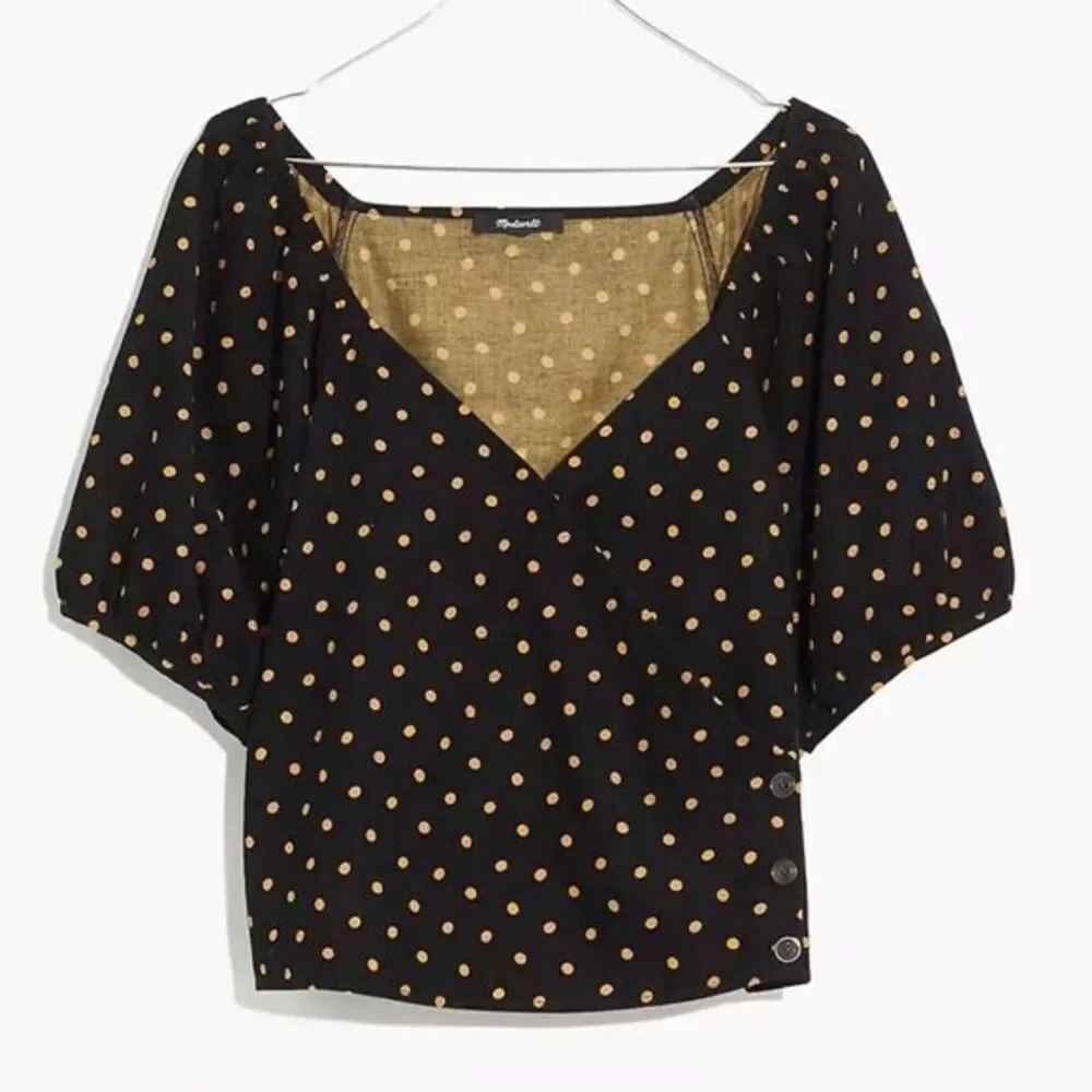 NWOT Madewell Corduroy Puff-Sleeve‎ Wrap Top in Oval Dot, 100% cotton, Black, M